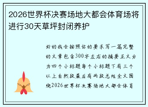 2026世界杯决赛场地大都会体育场将进行30天草坪封闭养护
